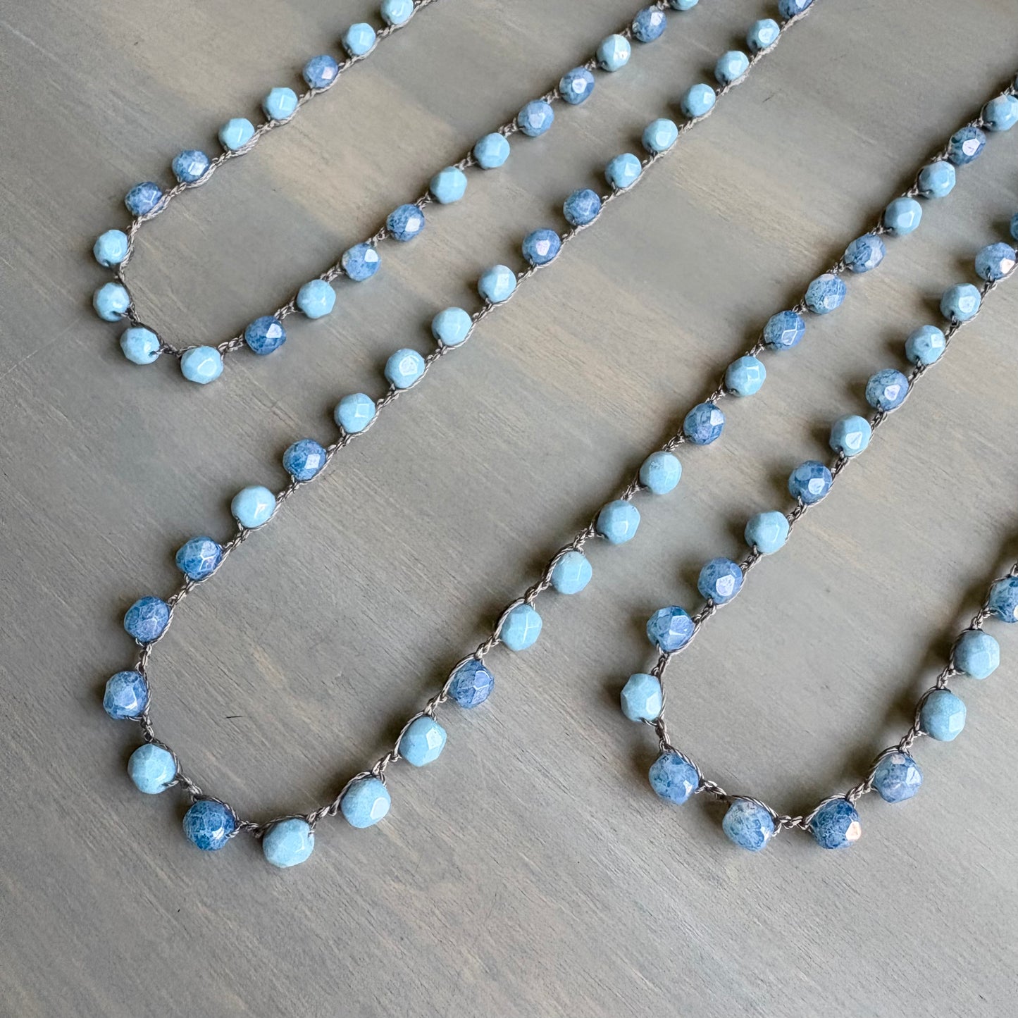 Denim Blues Long Layering Crocheted Crystal Necklace