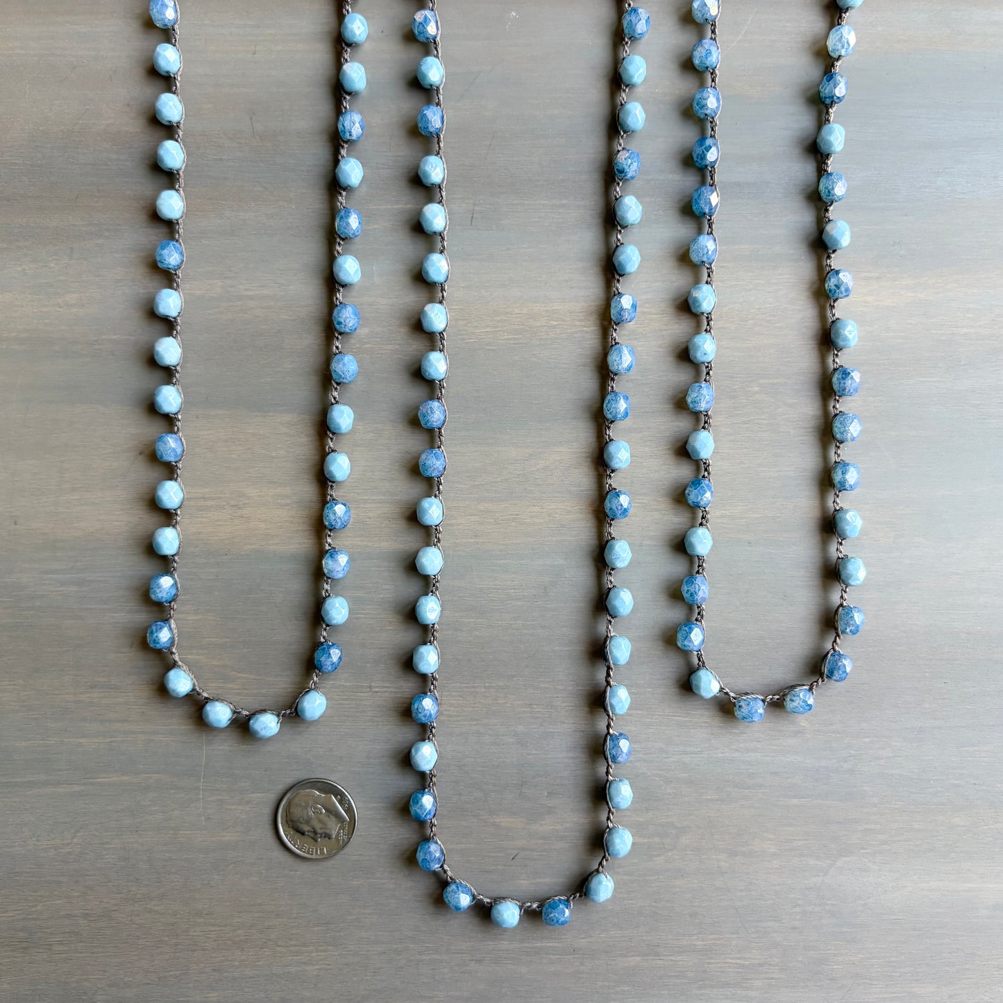 Denim Blues Long Layering Crocheted Crystal Necklace