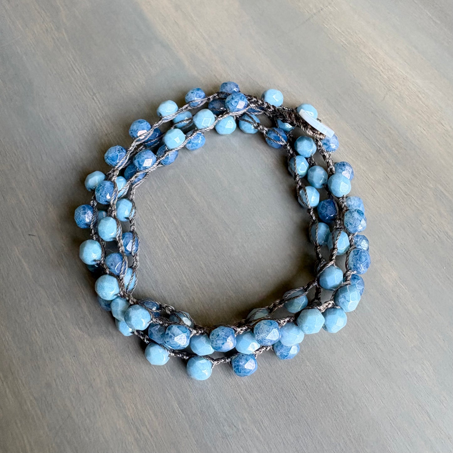 Denim Blues Long Layering Crocheted Crystal Necklace