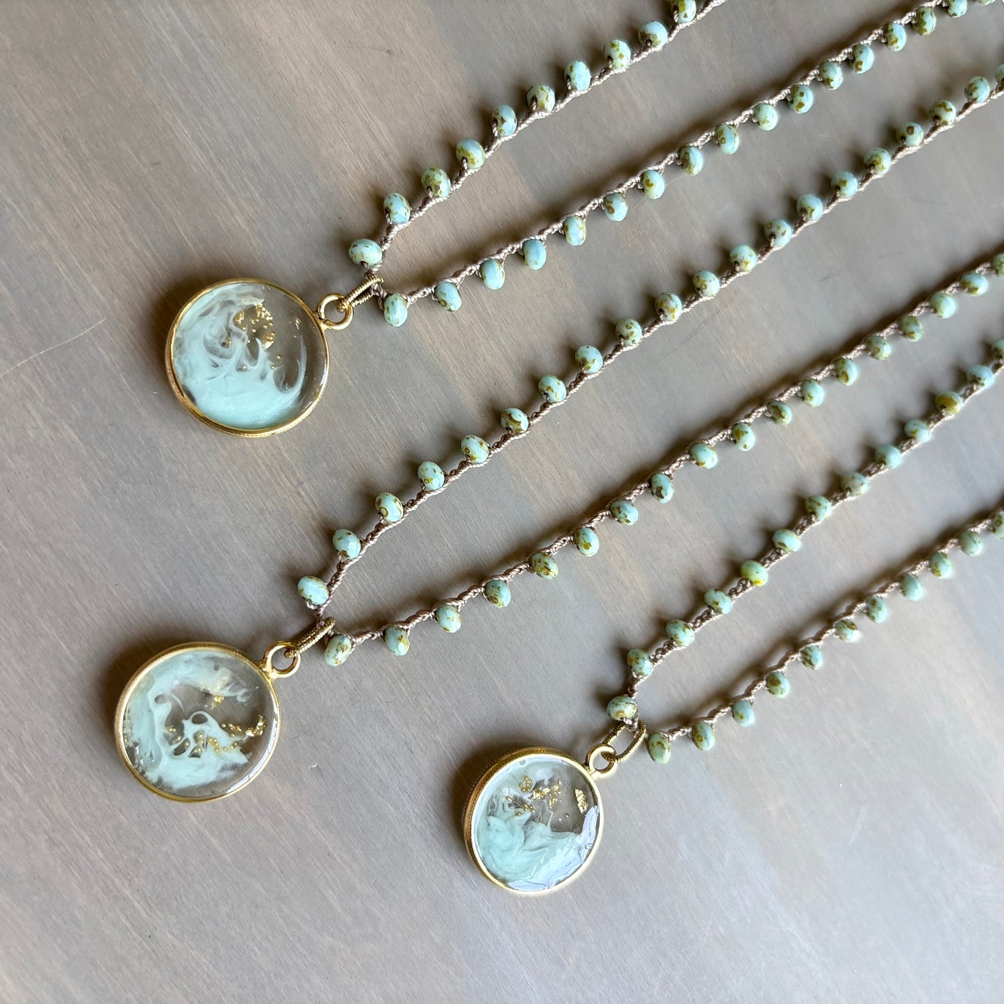 Whispering Waves Portal Pendant On Sea Blue Crocheted Crystal Necklace