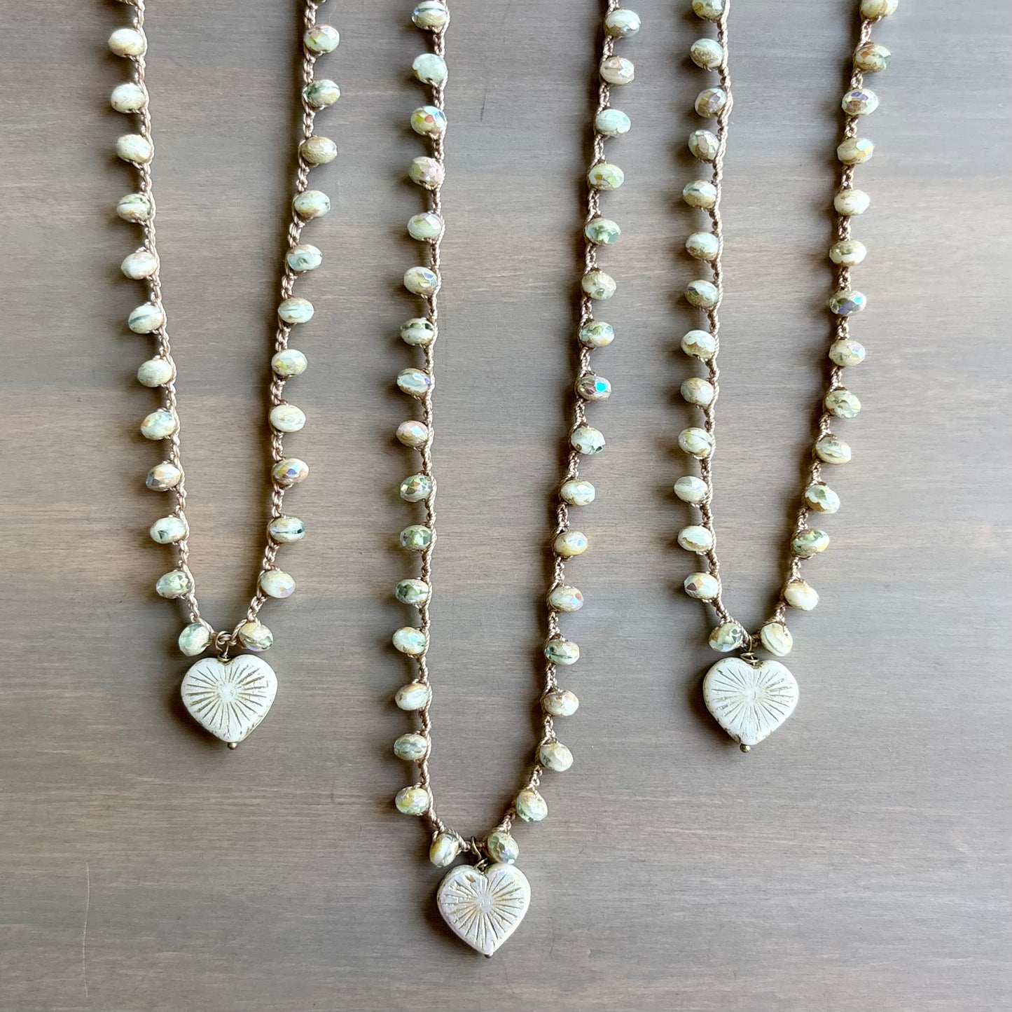 Sea Salt Starburst Heart Crocheted Necklace With Czech Crystal