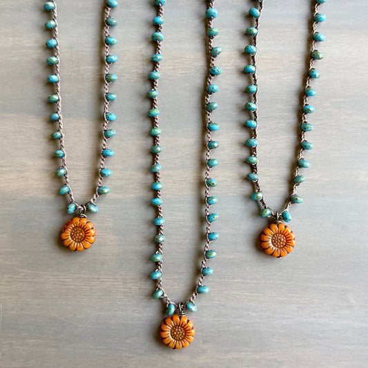 Persimmon Flower Pendant And Crocheted Czech Crystal In Teal