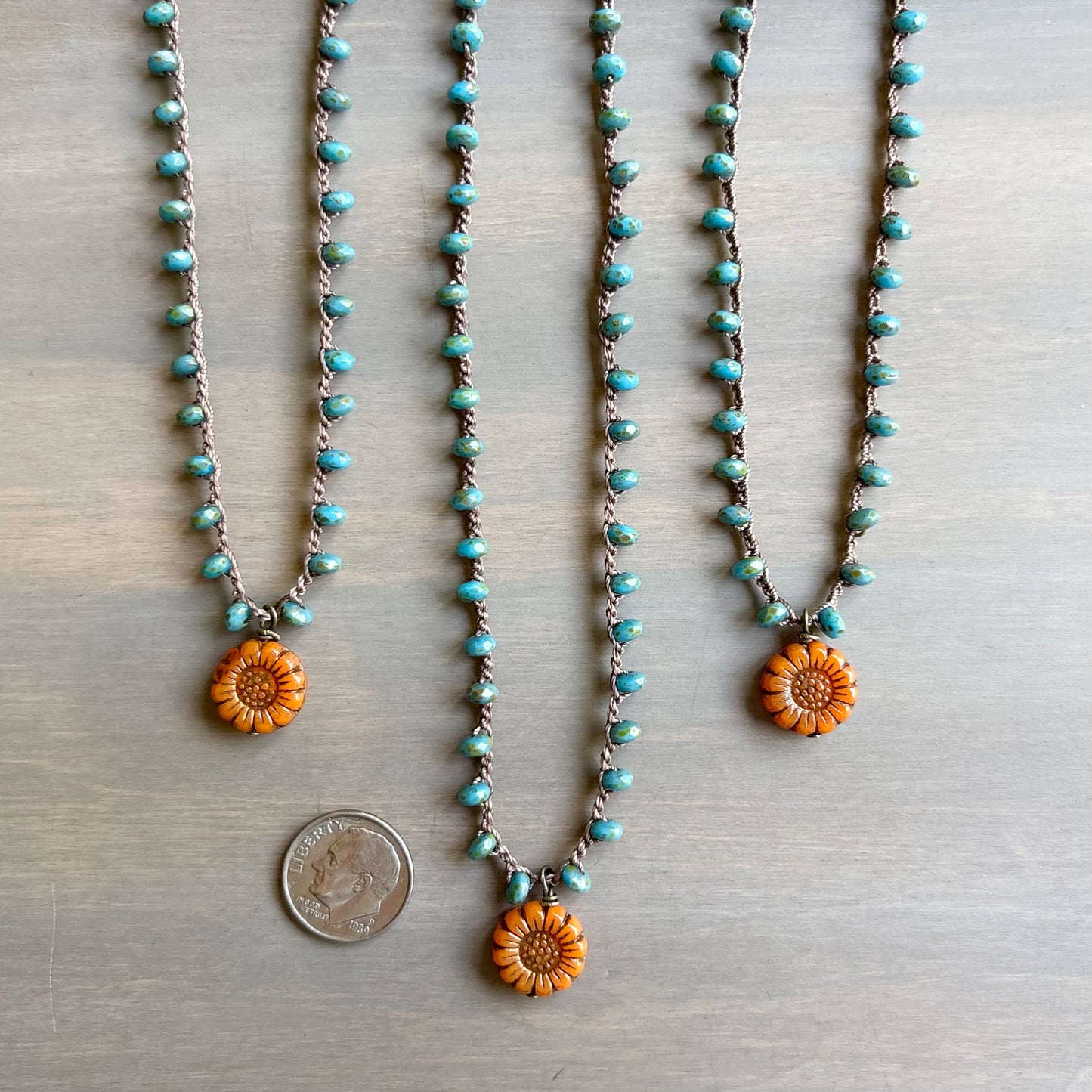 Persimmon Flower Pendant And Crocheted Czech Crystal In Teal
