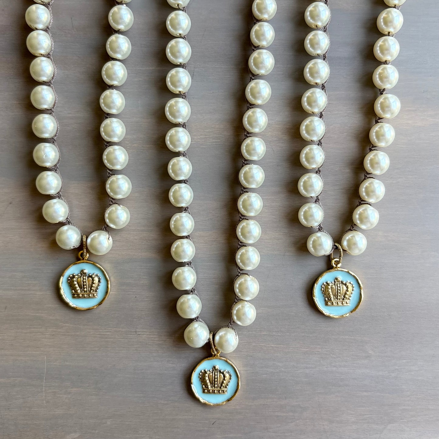 Royal Crown Pendant And Crocheted Glass Pearl Necklace