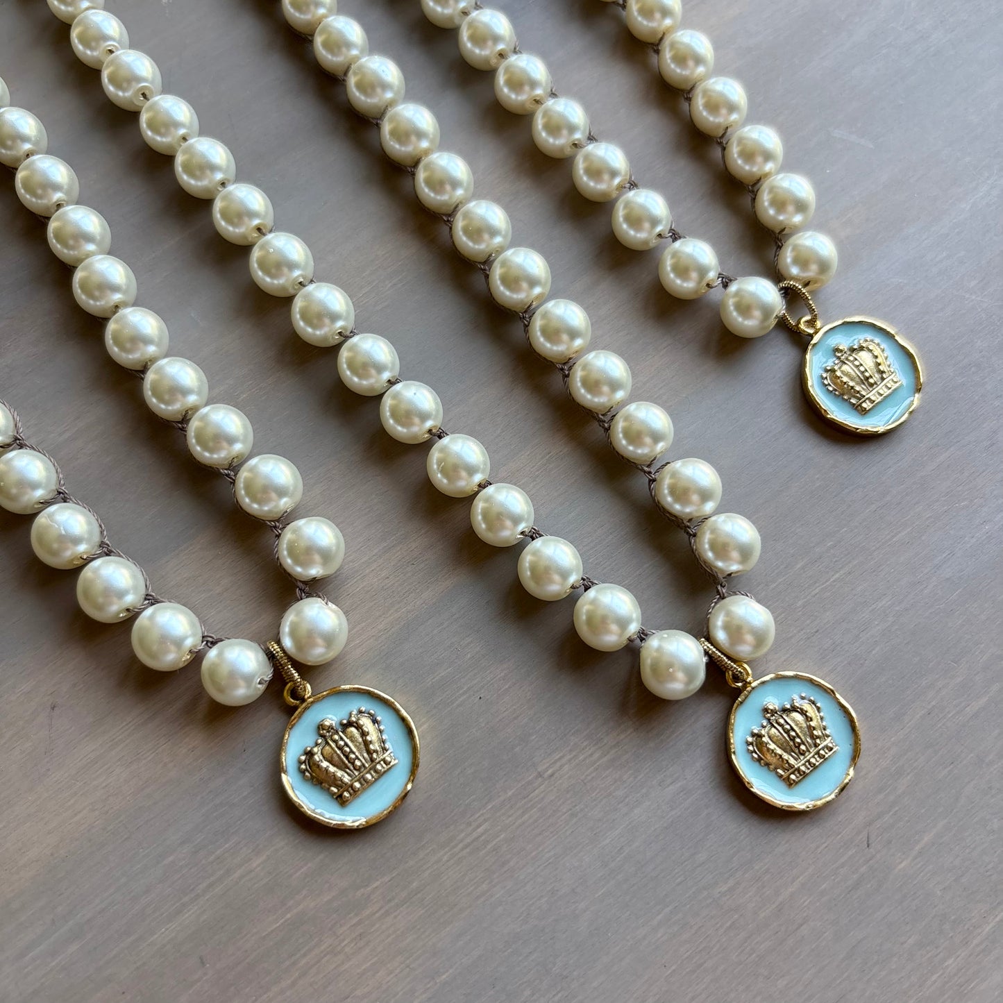 Royal Crown Pendant And Crocheted Glass Pearl Necklace