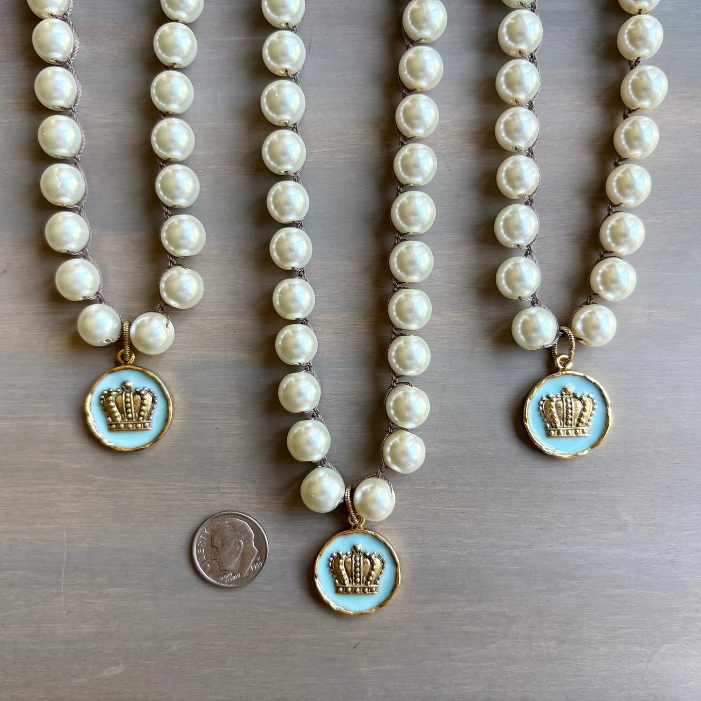 Royal Crown Pendant And Crocheted Glass Pearl Necklace