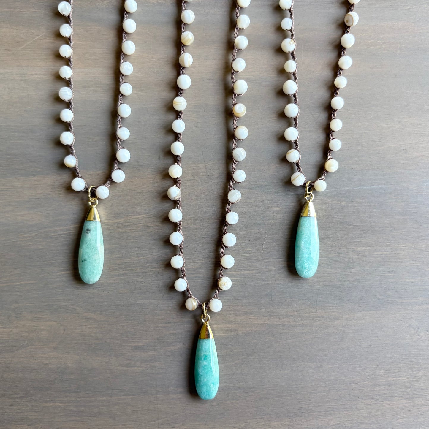 Faceted Amazonite Drop And Crocheted Mother Of Pearl Necklace