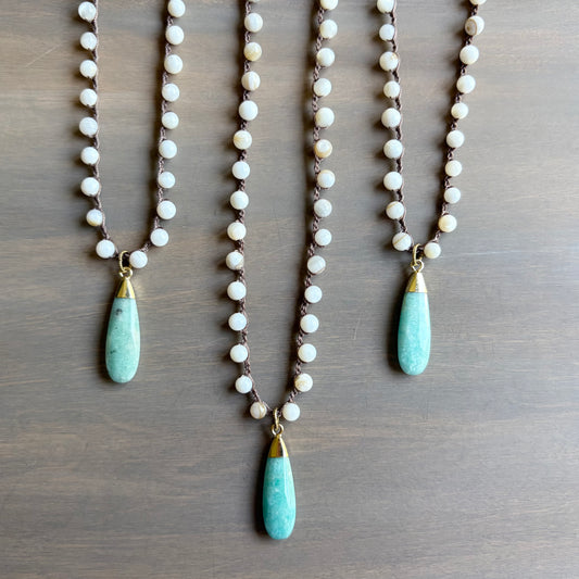 Faceted Amazonite Drop And Crocheted Mother Of Pearl Necklace