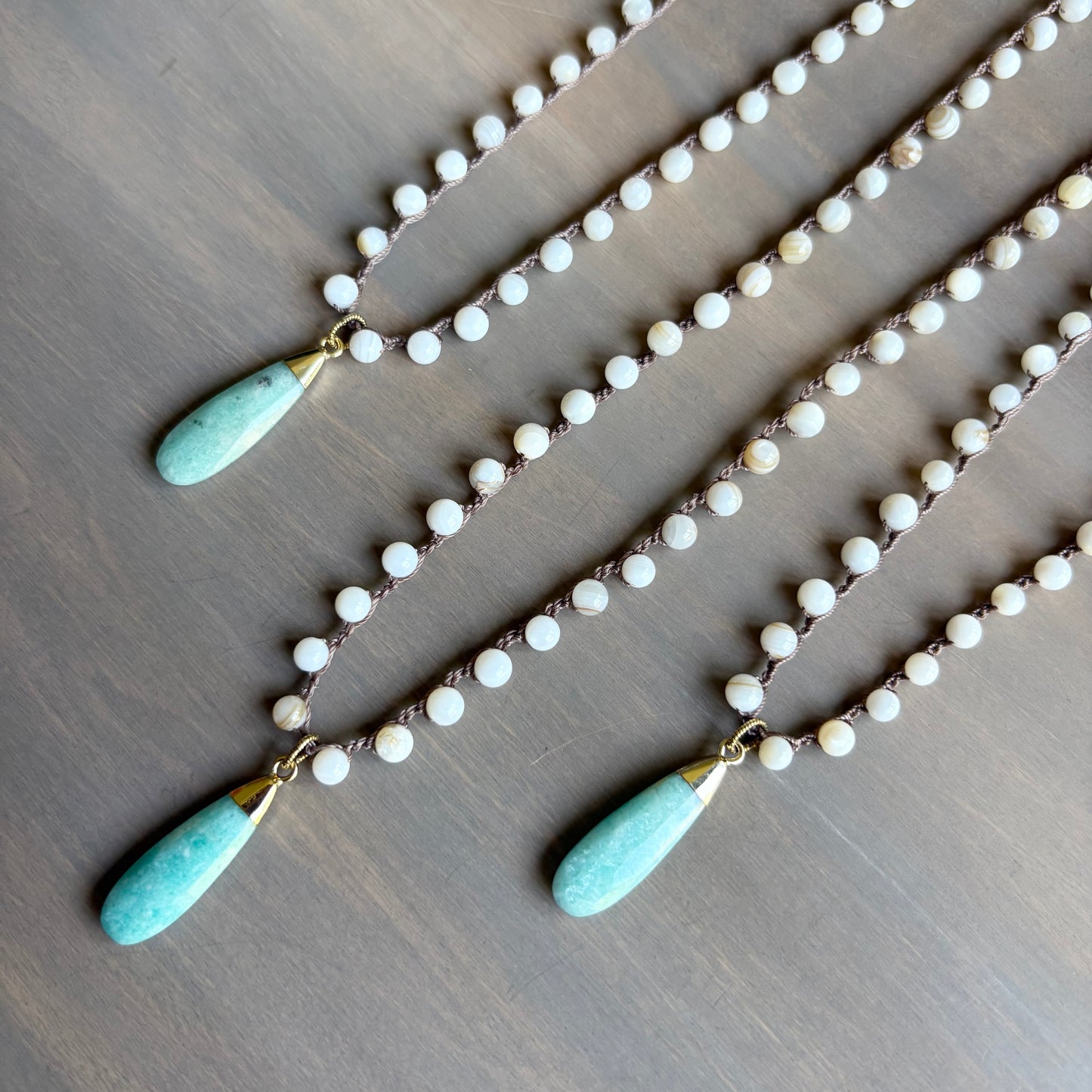 Faceted Amazonite Drop And Crocheted Mother Of Pearl Necklace