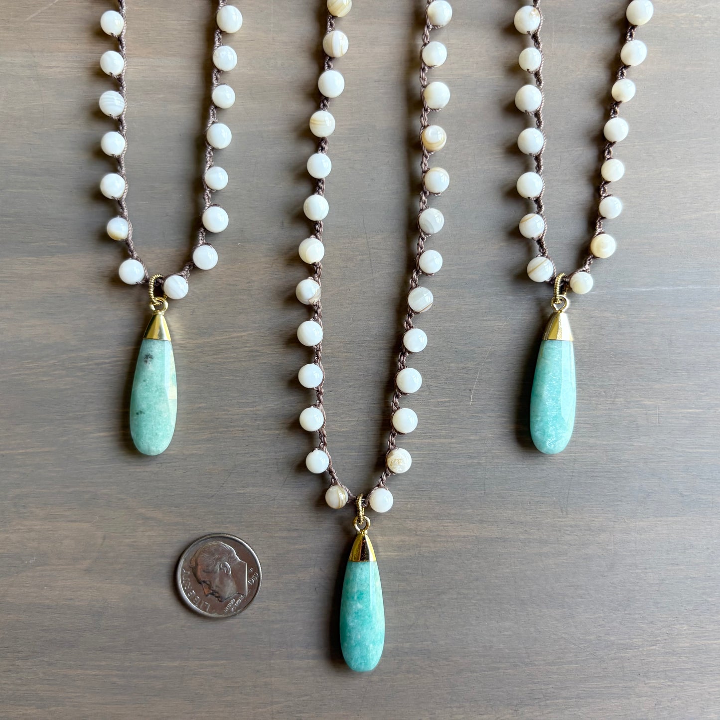Faceted Amazonite Drop And Crocheted Mother Of Pearl Necklace