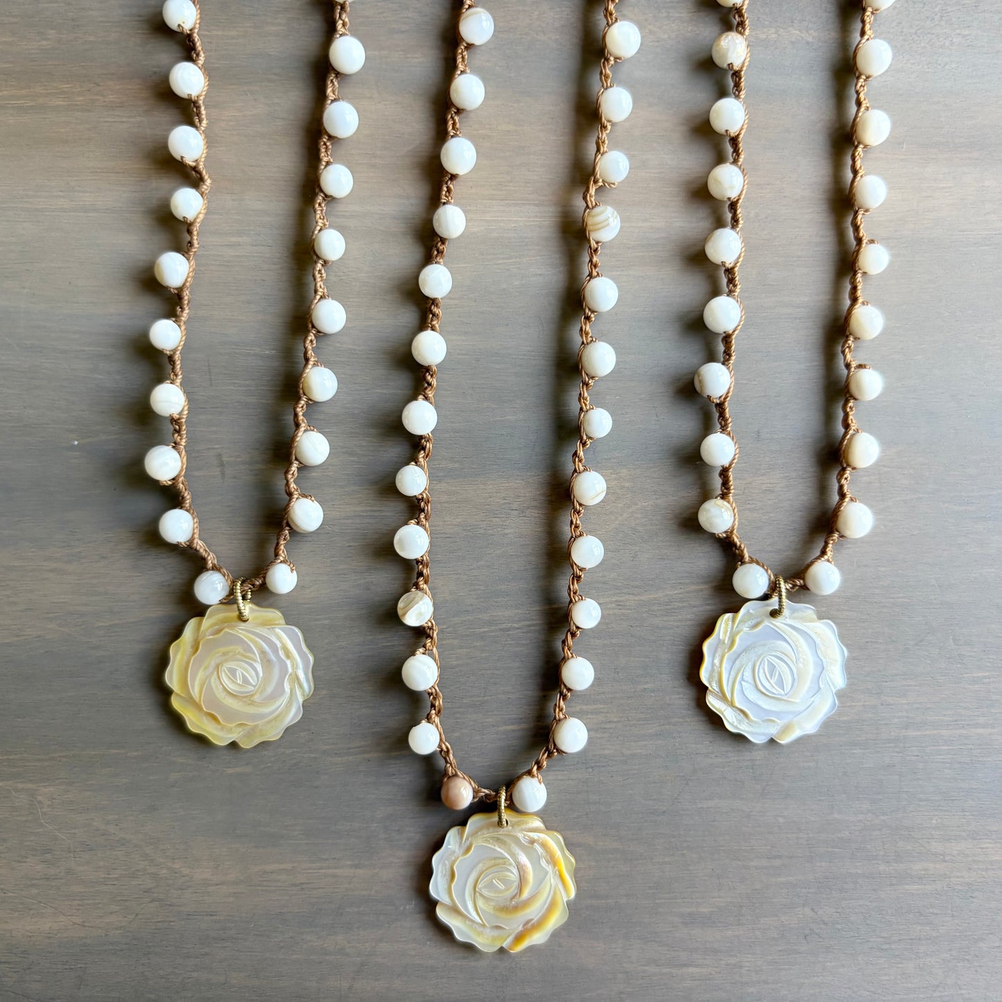 Carved Mother Of Pearl Flower Crocheted Necklace