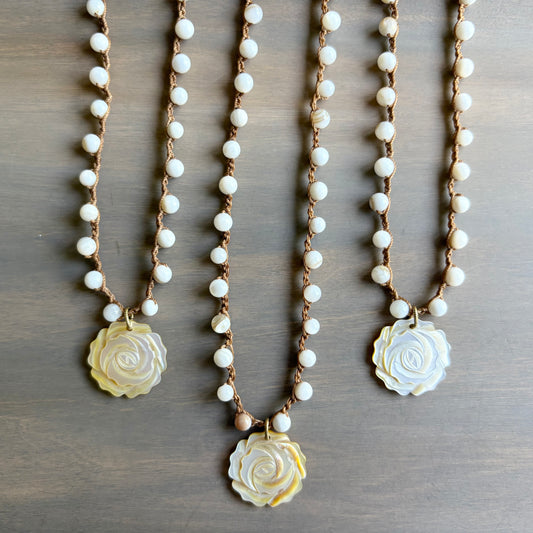 Carved Mother Of Pearl Flower Crocheted Necklace