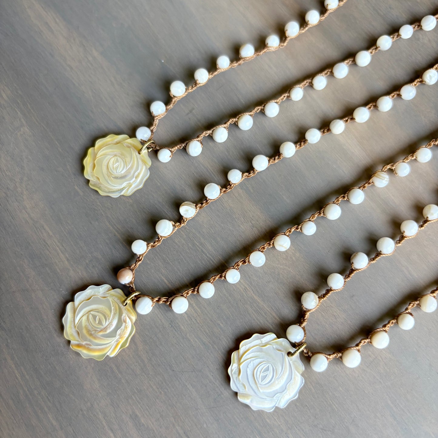 Carved Mother Of Pearl Flower Crocheted Necklace