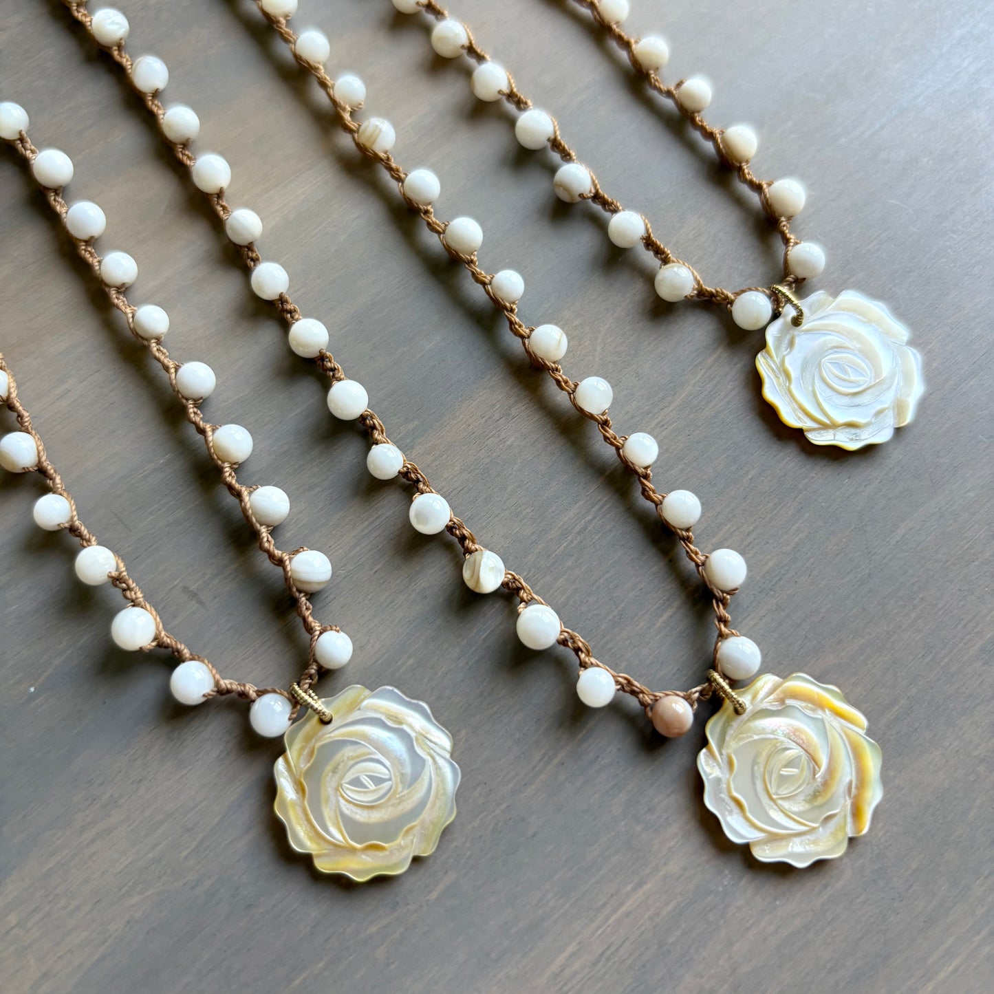 Carved Mother Of Pearl Flower Crocheted Necklace