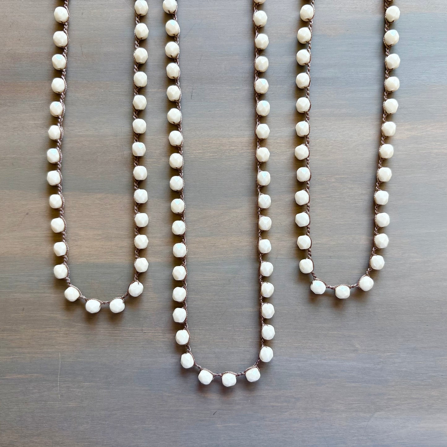 Cream  Long Layering Crocheted Crystal Necklace