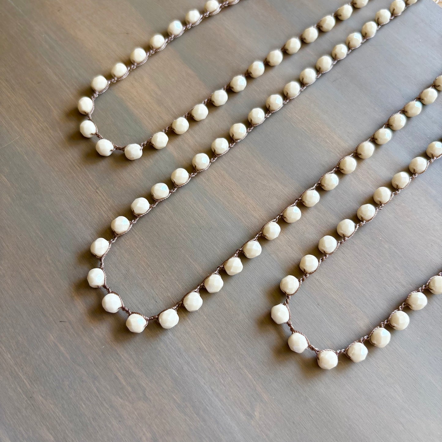 Cream  Long Layering Crocheted Crystal Necklace