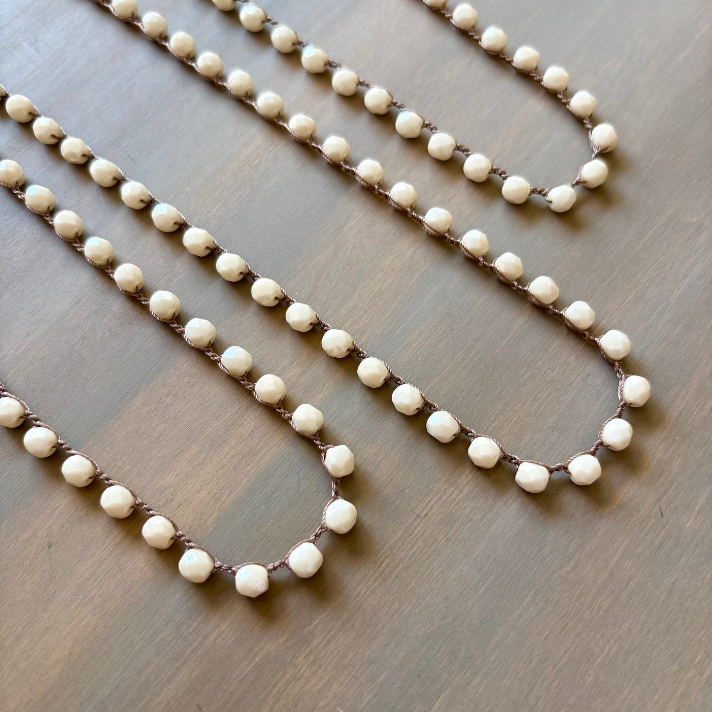 Cream  Long Layering Crocheted Crystal Necklace