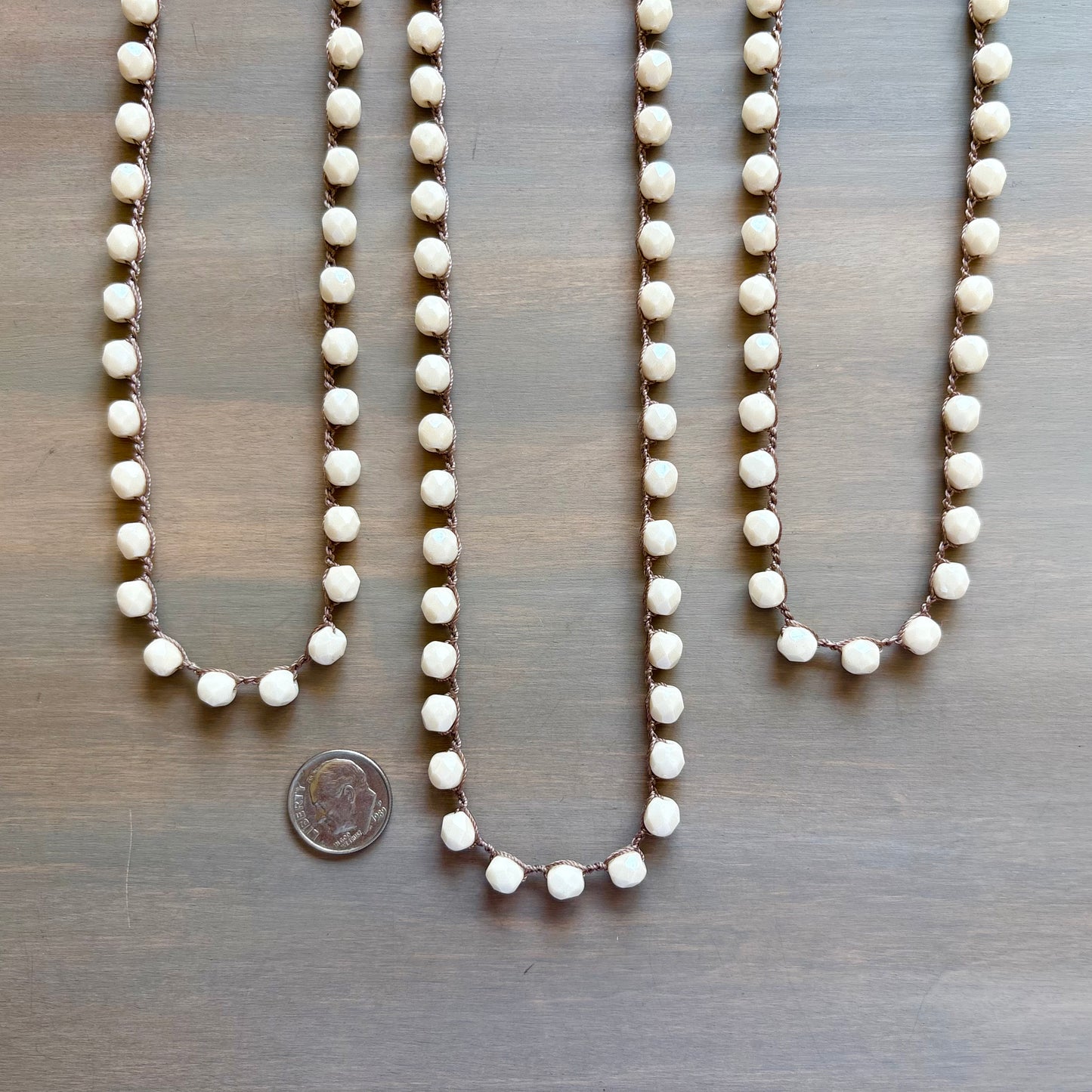 Cream  Long Layering Crocheted Crystal Necklace