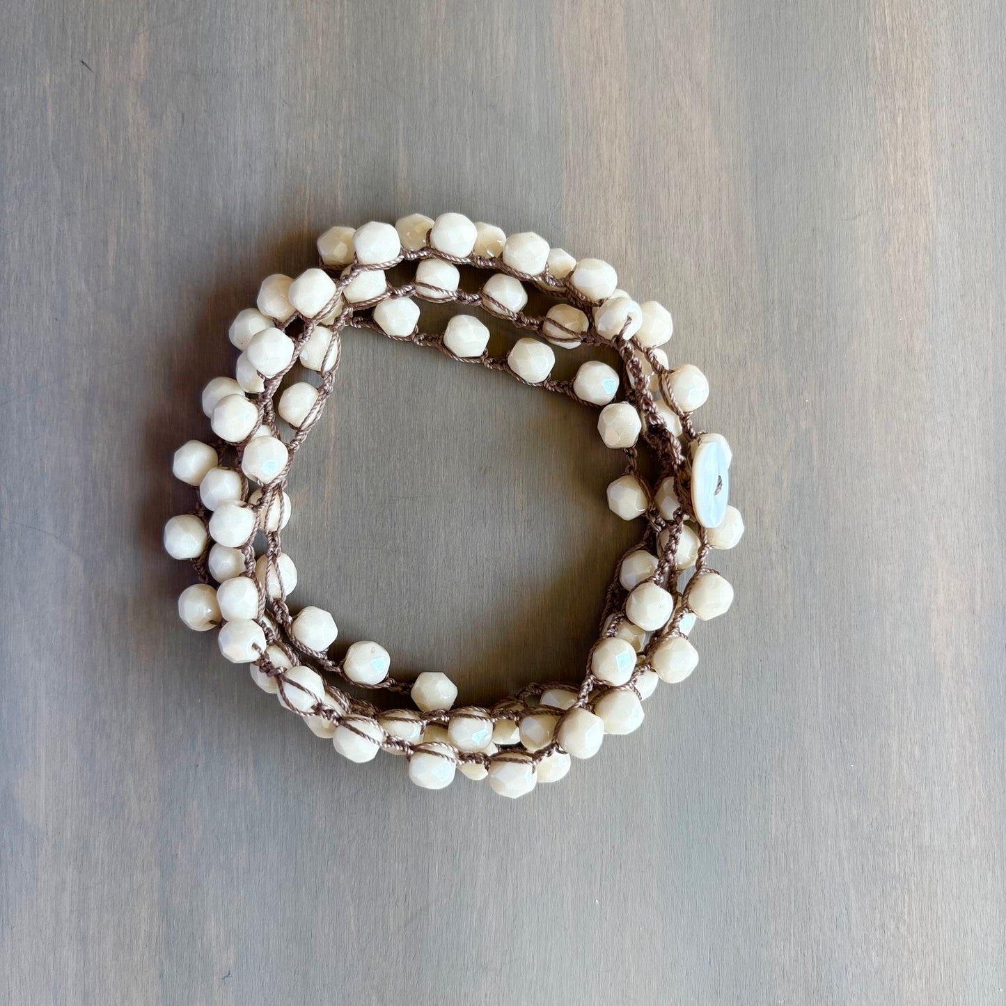 Cream  Long Layering Crocheted Crystal Necklace