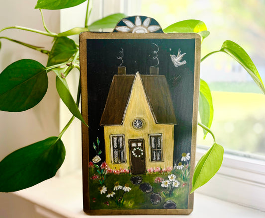 Yellow Country Cottage and Flower Garden Hand Painted Wooden Place