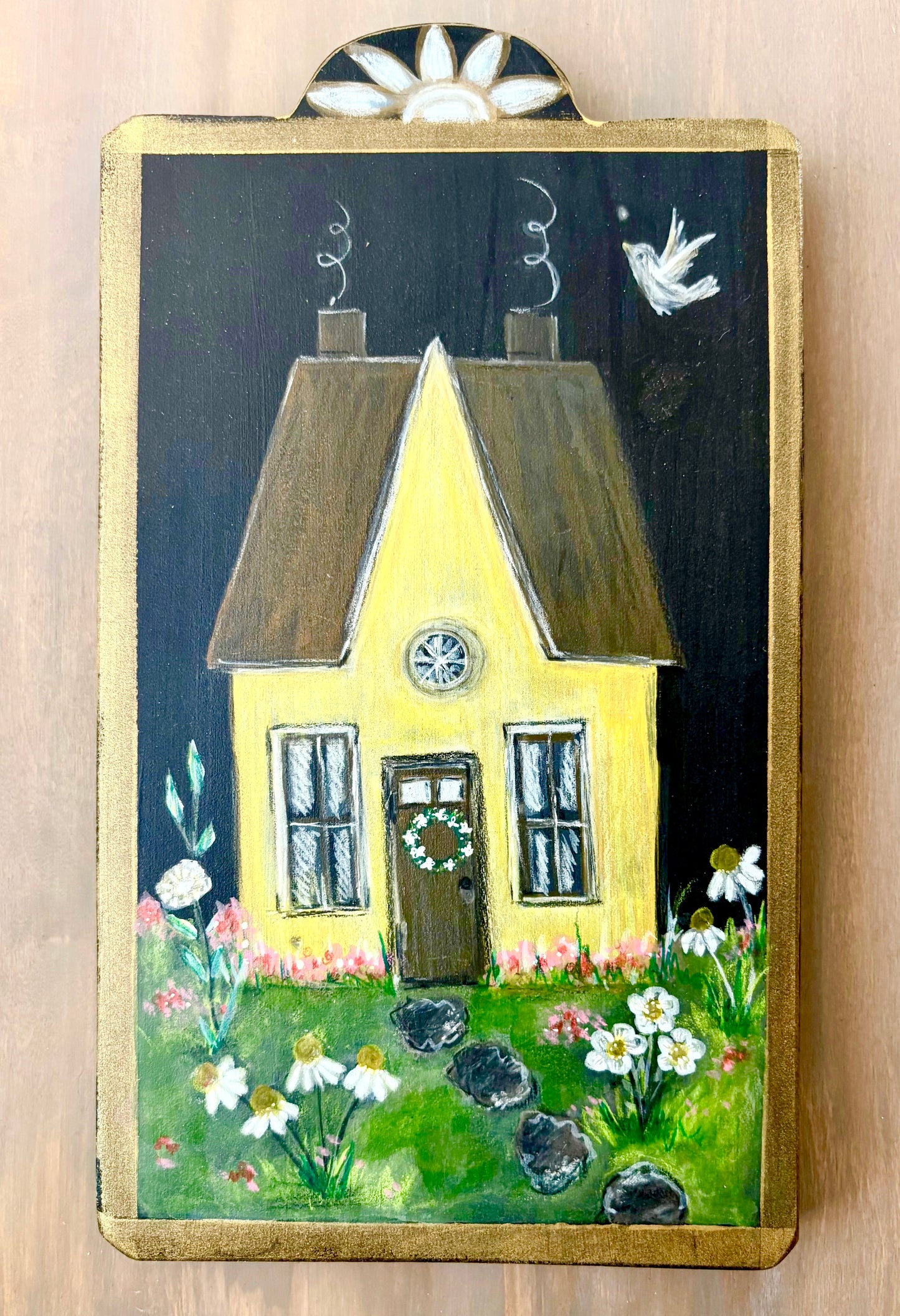 Yellow Country Cottage and Flower Garden Hand Painted Wooden Place