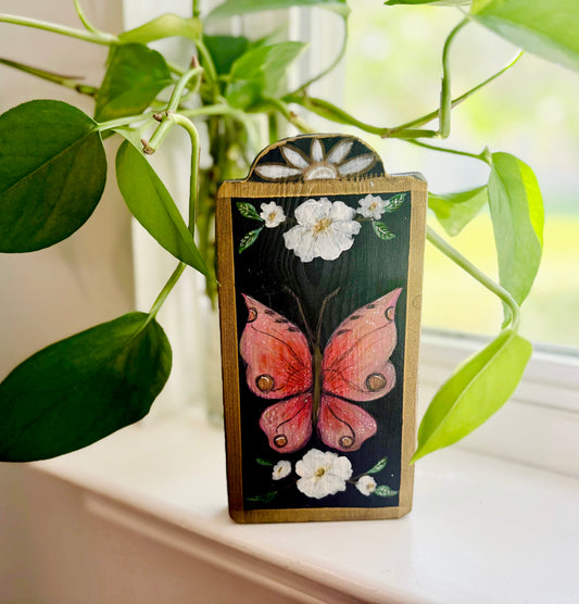 Pink Rose Butterfly Moth Hand Painted Plaque Home Decor