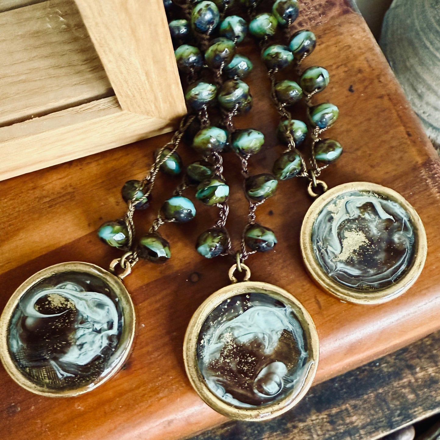 Lake Wood Handmade Portal Pendant Crocheted Necklace With Czech Crystal