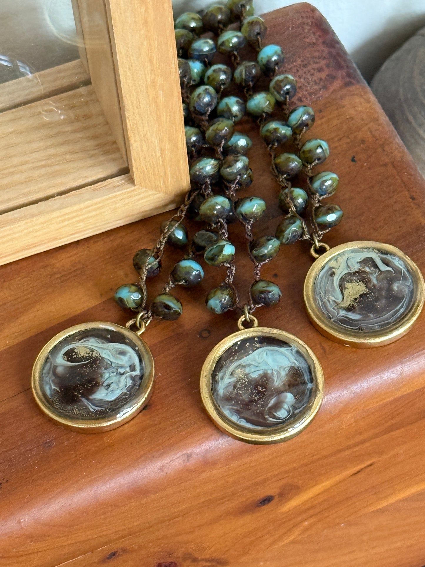 Lake Wood Handmade Portal Pendant Crocheted Necklace With Czech Crystal