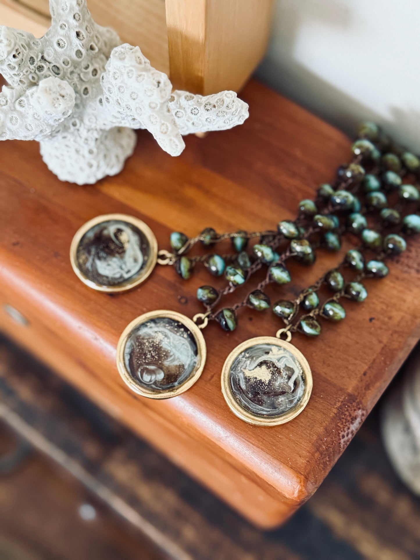 Lake Wood Handmade Portal Pendant Crocheted Necklace With Czech Crystal
