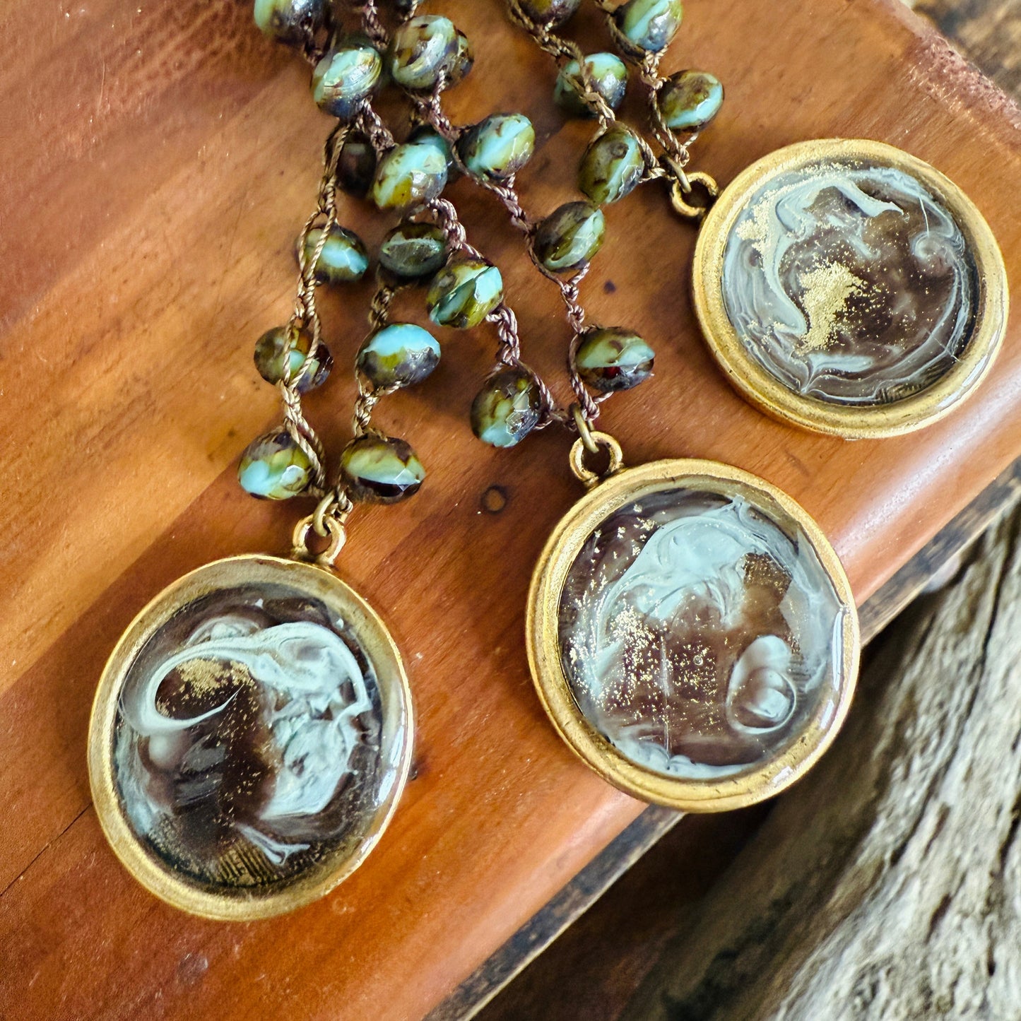 Lake Wood Handmade Portal Pendant Crocheted Necklace With Czech Crystal