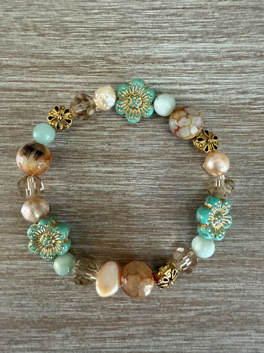 Seaside Stretch Bracelet With Semi Precious Stones and Freshwater Pearls