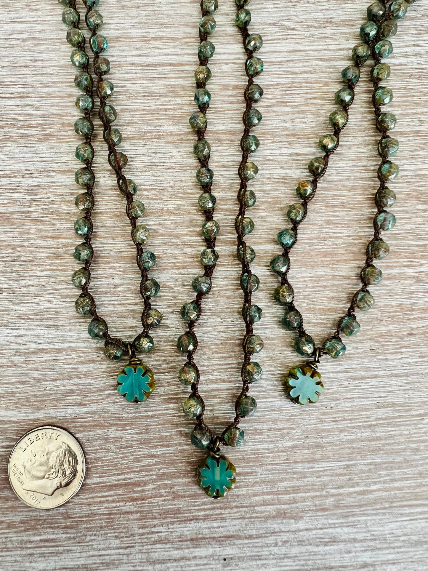 Anemone Glass Flower Crocheted Necklace, Sea Green Crystals