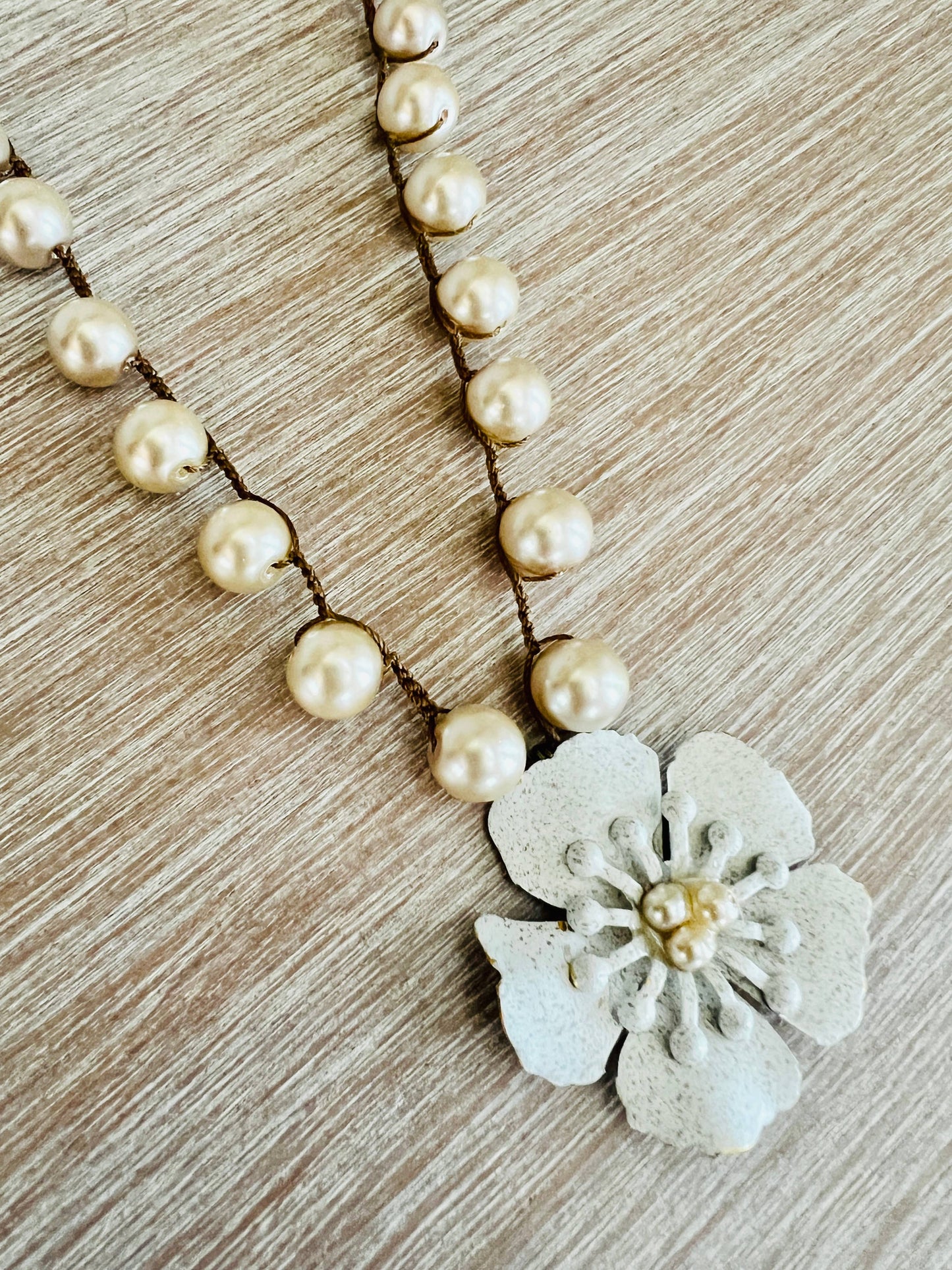 Ivory Hand Painted Flower Garden Necklace With Glass Pearls