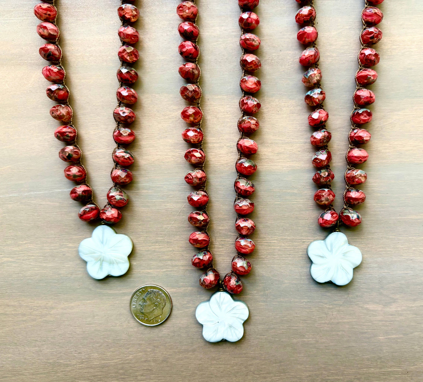 Coral Red Crystal with Silvery Carved Mother Of Pearl Flower