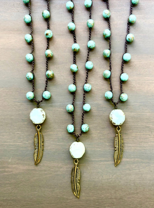 Moon Feather Drop on Czech Crystal Crocheted Necklace