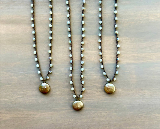 Platinum Freshwater Coin Pearl Crocheted Necklace