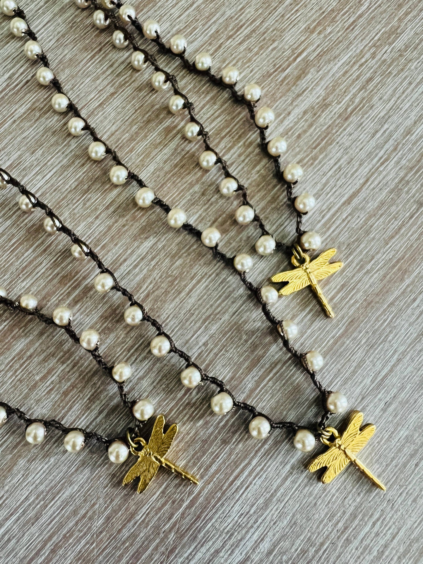 Golden Dragonfly, Glass Pearl Handmade Crocheted Necklace
