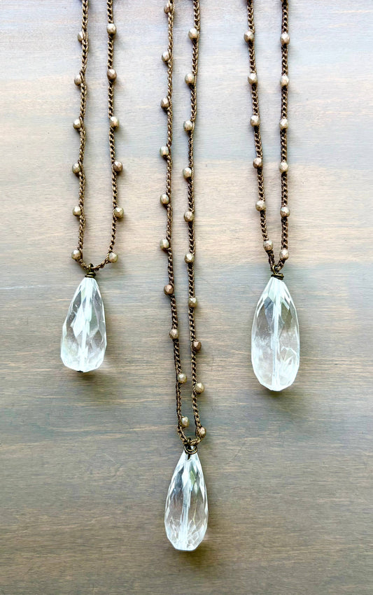 Faceted Quartz Stone Pendant Drop Knotted Boho Necklace