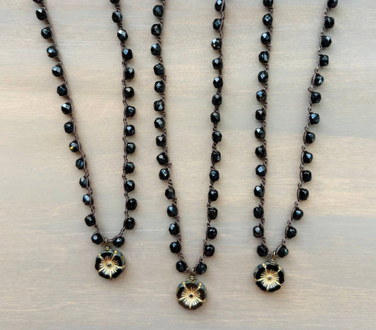 Golden Black Glass Flower Pendant And Crocheted Necklace