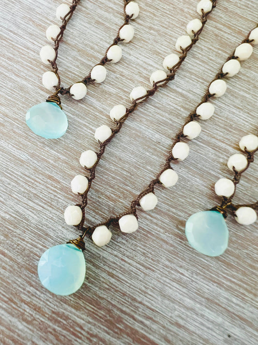 Faceted Aqua Blue Chalcedony Drop with Czech Crystal