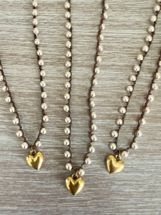 Classic Glass Pearl Necklace with Small Golden Heart Charm