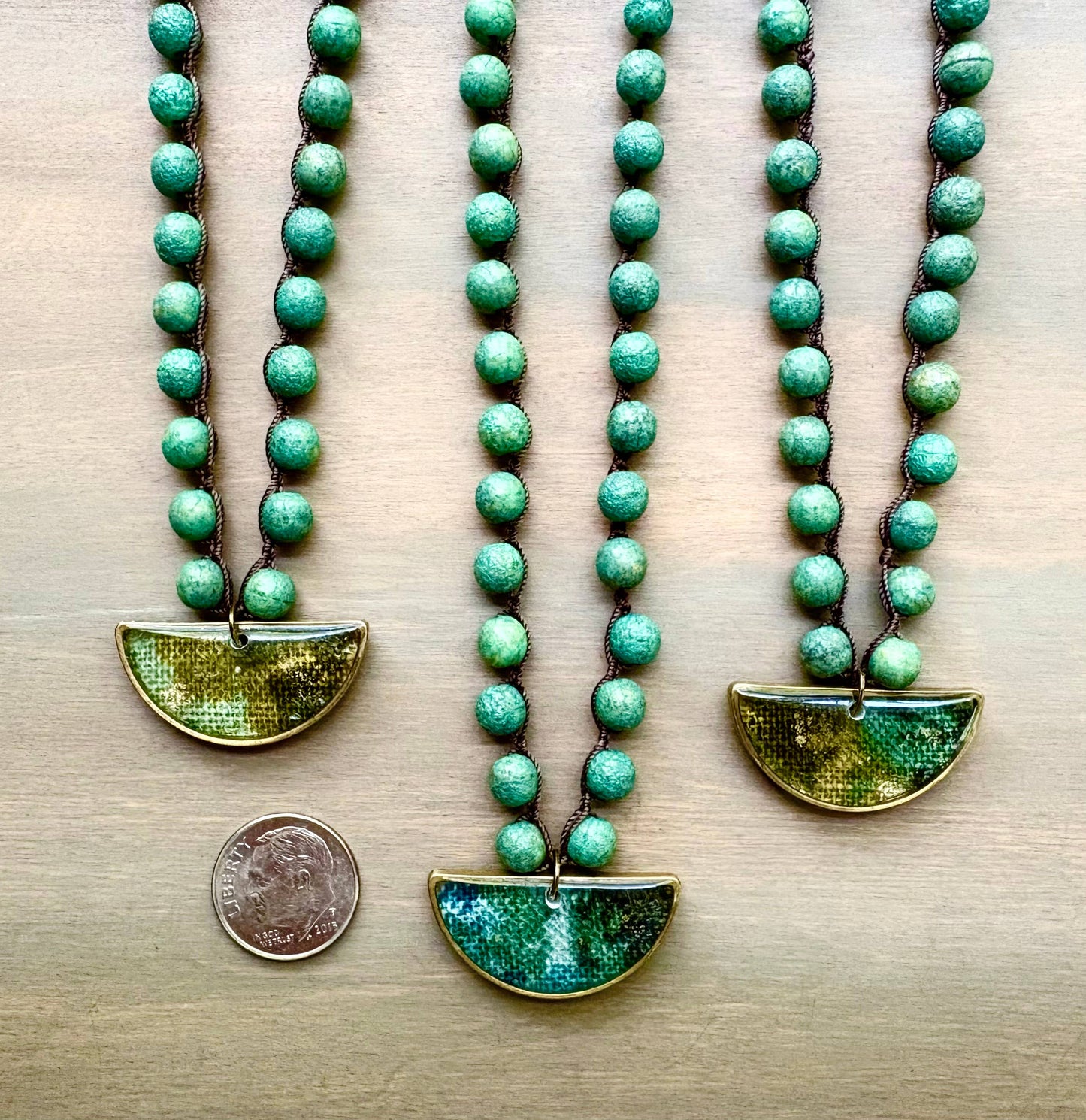 Antique Linen Handmade Pendant With Rustic Green Crystal