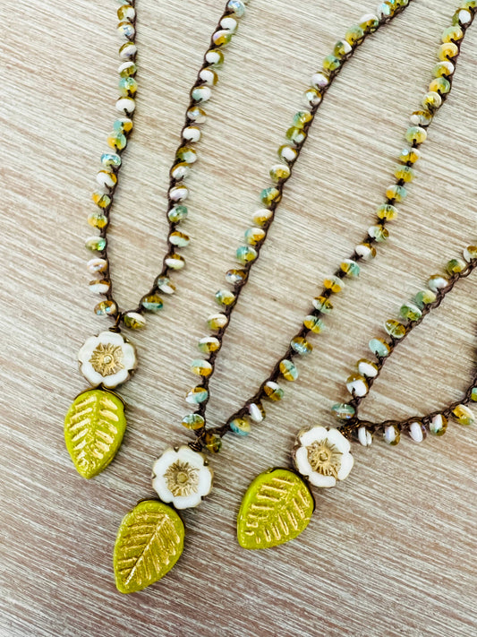 Spring Flower and Leaf Crystal Necklace With Gold And Ivory