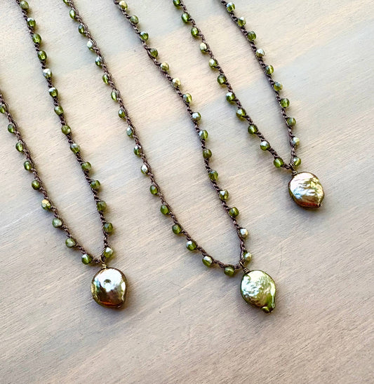 Kelp Green Freshwater Coin Pearl Crocheted Necklace