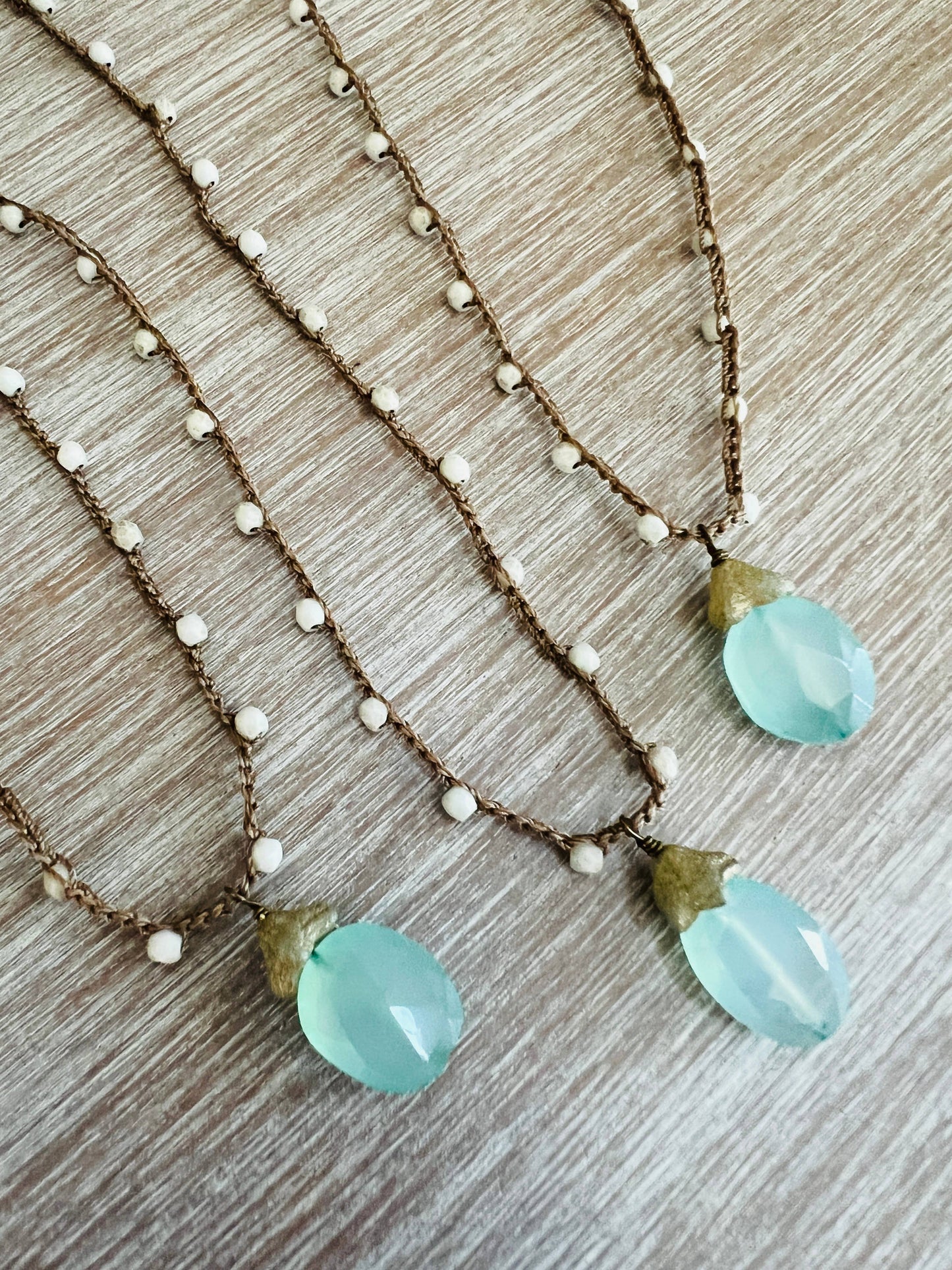 Chalcedony Dew Drop Necklace With Frosty White Crystal