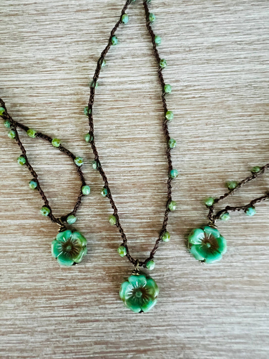 Spring Green Pressed Glass Flower with Czech Crystal Strand