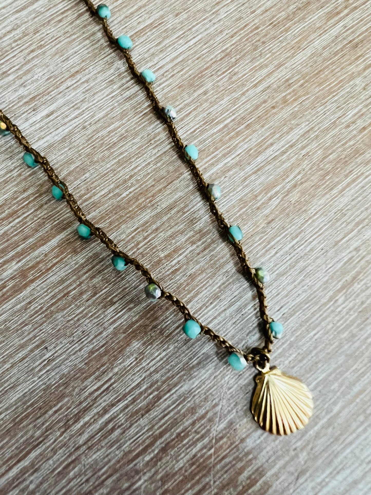 Dainty Beachside Blue Beads With Gold Plated Shell Charm