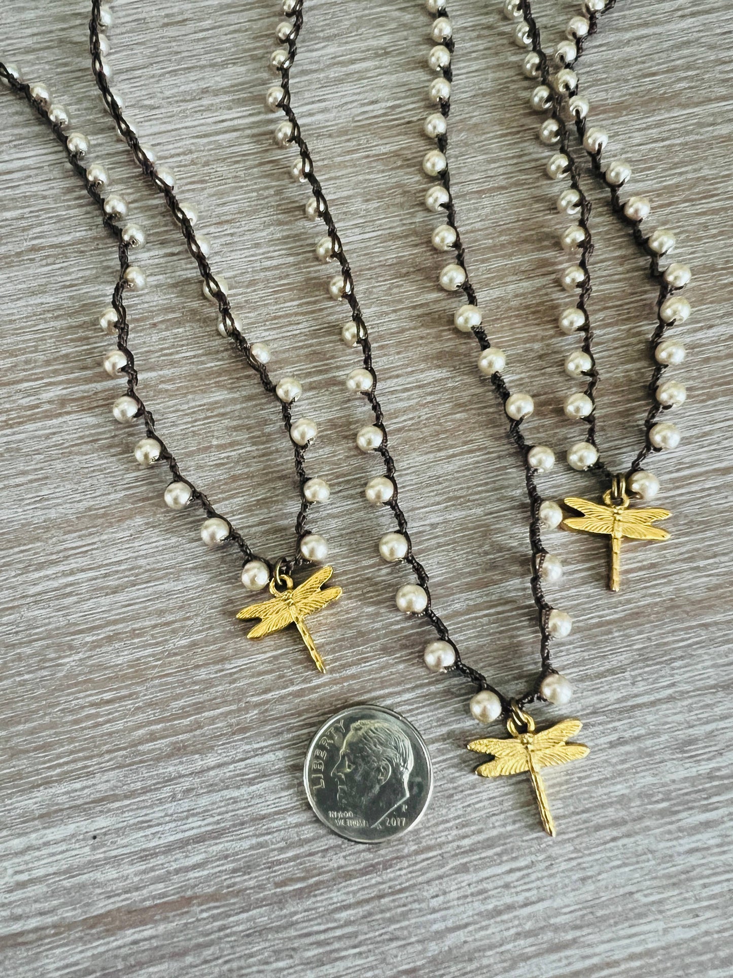 Golden Dragonfly, Glass Pearl Handmade Crocheted Necklace