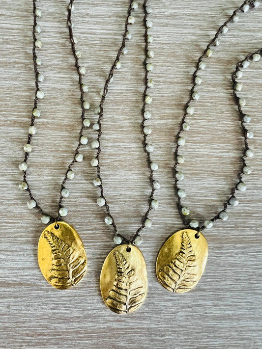 Golden Fern Pendant On Mossy Grey Green Crocheted Strand LAST ONE