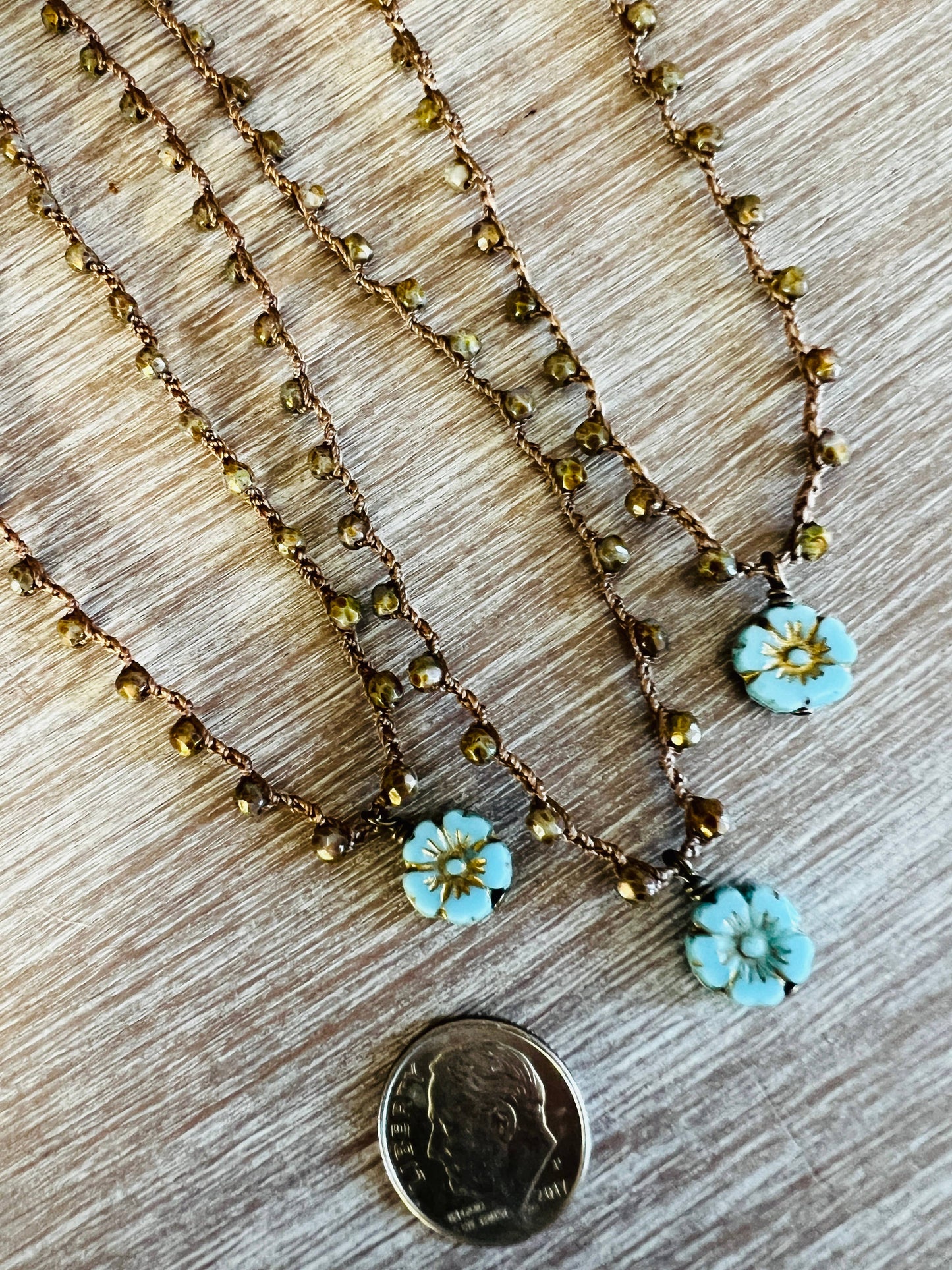 Dainty Flora Aqua Beach Necklace With Sand Color Crystals